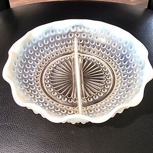 Fenton Moonstone Opalescent Hob Nail Divided Ruffled Glass Dish